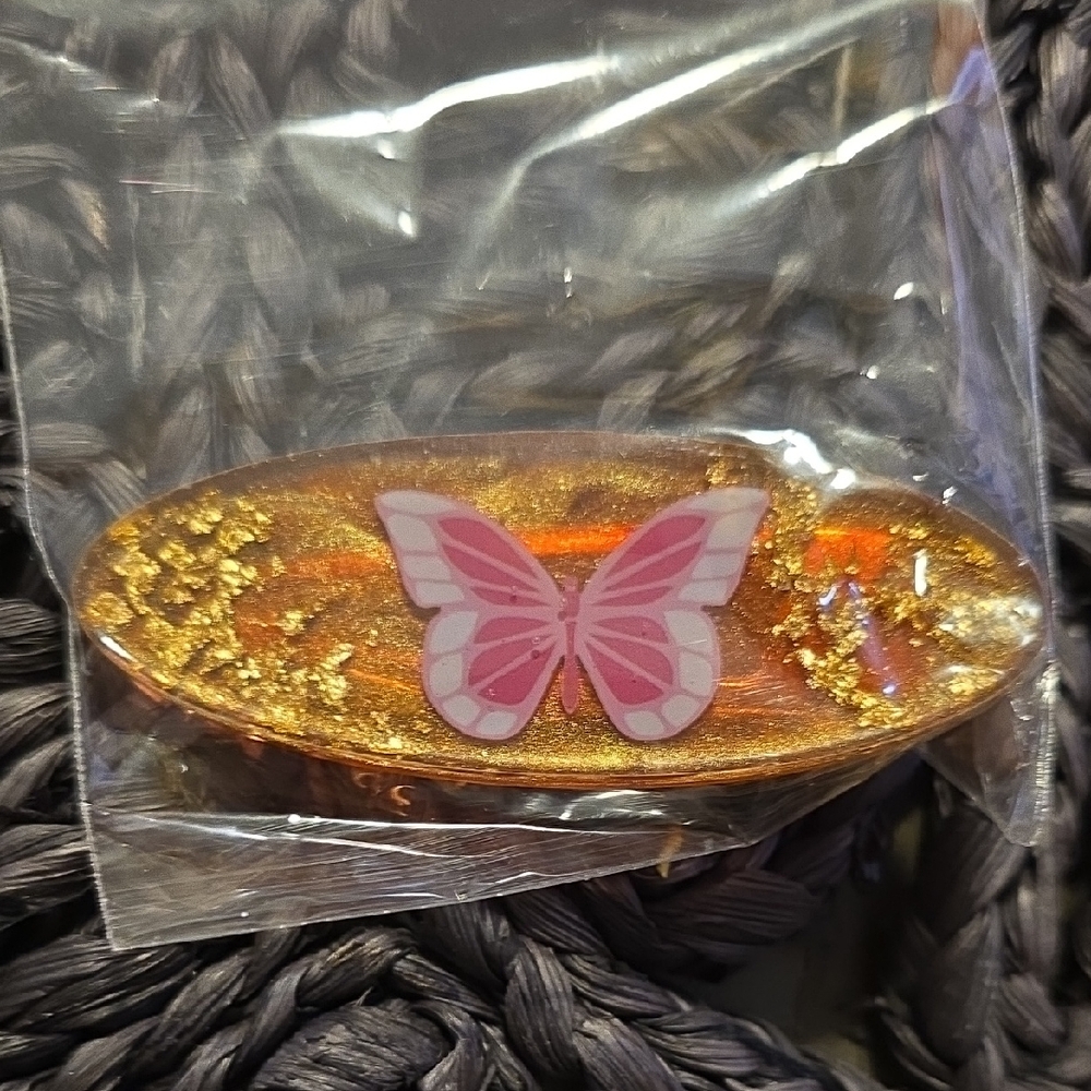 Handcrafted Gold and Pink Butterfly Hair Clip